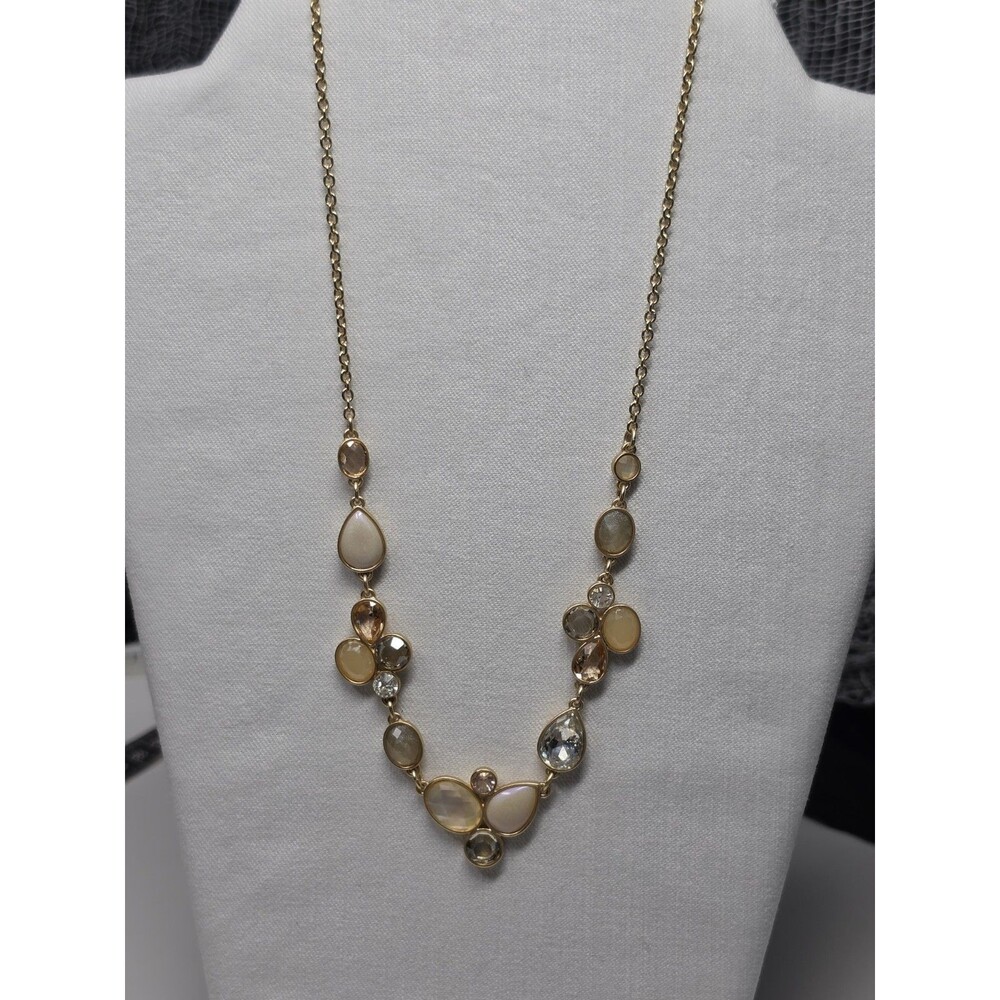 LOFT Gold Tone Station Necklace Faux Moonstone Crystal Rhinestone Adjustable VTG